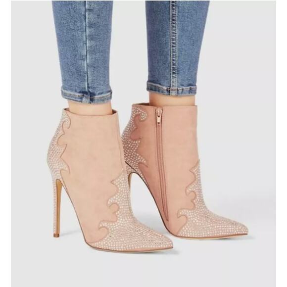 Just Fab Shoes - JustFab Pink Blush Southern Girl Rhinestone Stiletto Bootie Size 10 Booties
